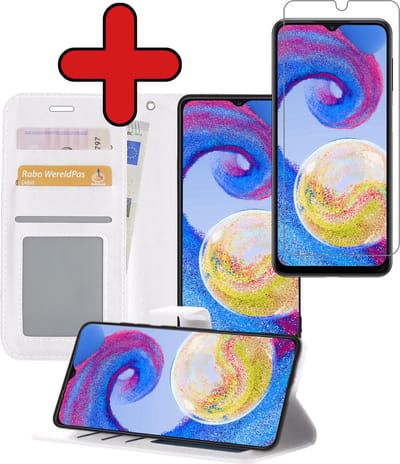 Hoesje - Met Screenprotector - Geschikt voor Samsung Galaxy A04s - Luxe Pasjeshouder - Flipcase - Bookcase Portemonee - Flip Case - Kunstleer Book Case - Book Cover - Walletcase - Portemonneehoes - Telefoonhoes - Wit