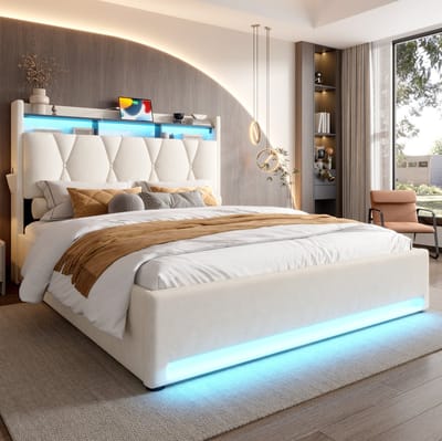 MEUNIQ Gestoffeerd bedframe 160 x 200 cm met LED-verlichting, USB en Type-C, opklapbaar hoofdbord, opbergruimte onder bed, tweepersoons bed voor slaapkamer, beige