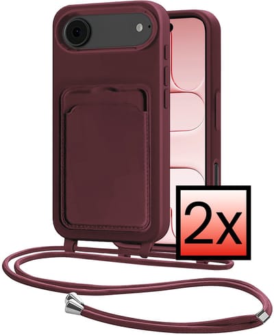 Hoes Geschikt voor iPhone Air Hoesje Pasjeshouder Cover Met Koord Case Siliconen Hoes Met Telefoonkoord en Kaarthouder - Aubergine - 2 PACK