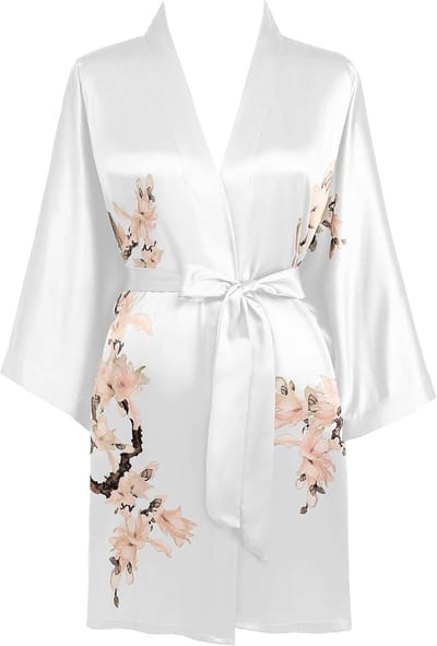 Dames ochtendjas met bloemenprint, zomer, badjas, kimono, korte robe, lichte slaapjas, satijnen strandjurk