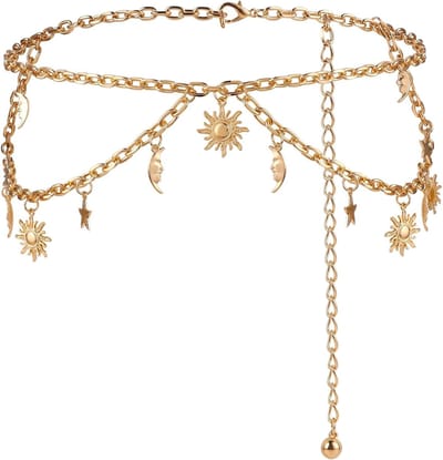 Dubbele laag metalen kettingriem, mode schakelriem voor dames met maan en ster ontwerp, perfect voor jurken en casual outfits