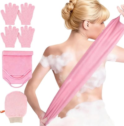 Set van 6 Exfoliërende Handschoenen en Douchehanddoek, Ideaal voor Dode Huid Verwijderen, Zacht voor Gezicht en Lichaam, Perfect voor Bad en Douche (Roze)