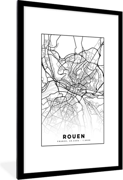 Fotolijst incl. Poster Zwart Wit- Frankrijk - Rouen - Kaart - Plattegrond - Stadskaart - Zwart wit - 80x120 cm - Posterlijst