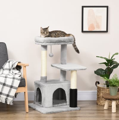 MEUNIQ Krabpaal 48 x 48 x 85 cm met wasbaar kattenbed, kattenhuis, sisal krabpalen, hangend speeltje en meerdere niveaus voor katten tot 10 kg, lichtgrijs