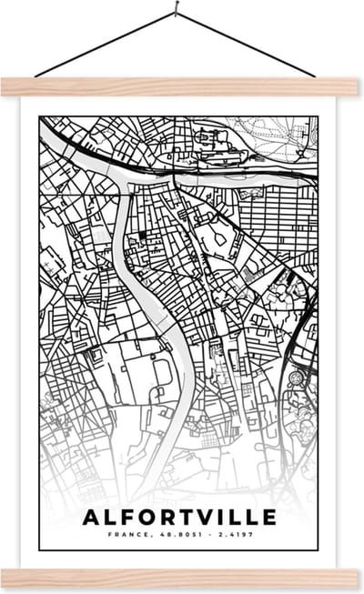 Posterhanger incl. Poster 40x60 cm - Schoolplaat - Stadskaart - Frankrijk - Kaart - Plattegrond - Alfortville - Zwart wit - Textielposter - Blanke latten - Stadskaart
