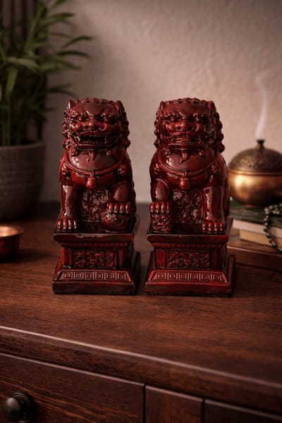 Leeuwenwachters set – rood gekleurd – 2 stuks – boeddhistische beschermleeuwen – Feng Shui decoratie – hoogglans beeldjes