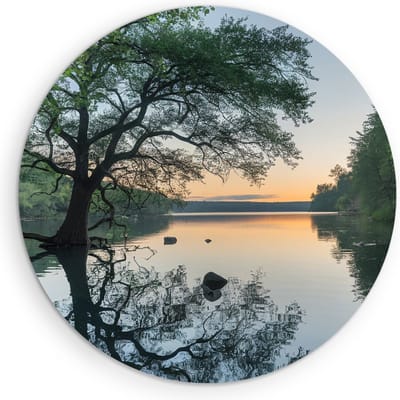 Saammp Muurcirkel Hout - Boom in het water met zonsondergang - Landschap - Natuur - Ø 90 - Wandcirkel - Wanddecoratie Cirkel - Muurdecoratie Woonkamer - Slaapkamer decoratie - Rond Schilderij