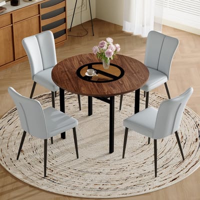 MODENUIT Eettafelset 100 cm - Ronde Tafel Met Glasinleg En 4 Stoelen - Voor Eetkamer En Keuken - MDF Bruin