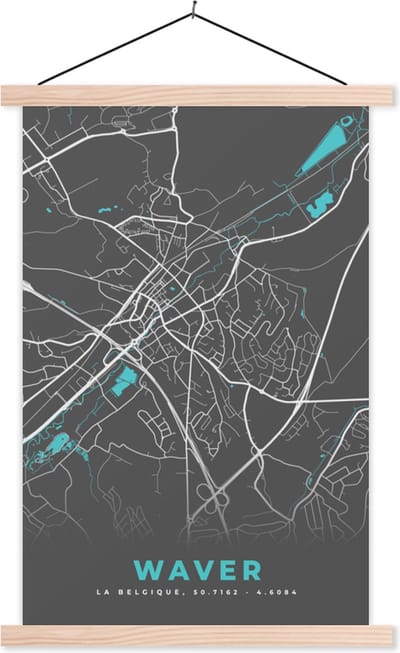Posterhanger incl. Poster 40x60 cm - Schoolplaat - Plattegrond – Waver – Blauw – Stadskaart - Kaart - Textielposter - Blanke latten - Stadskaart
