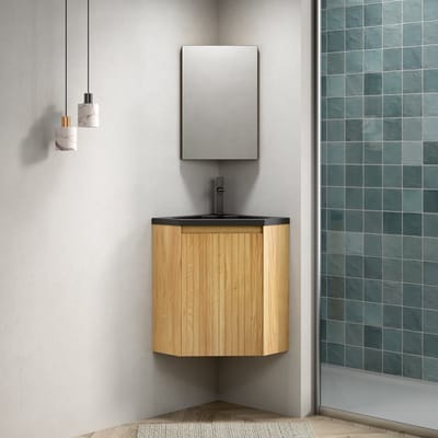 Wishdor - Hoekbadkamermeubel - Geïntegreerde Wastafel - Driehoekig Ontwerp - Ruimtebesparend - Hars En Hout - Zwart En Naturel