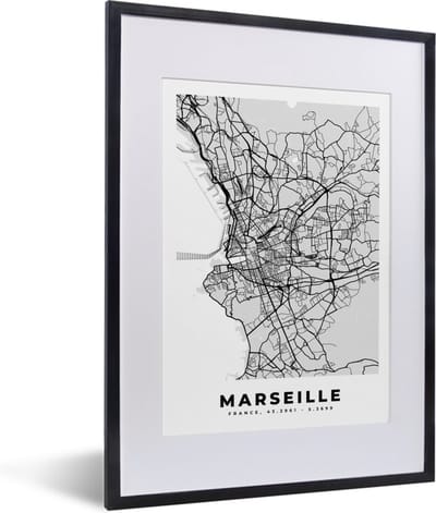 Fotolijst incl. Poster - Marseille - Plattegrond - Frankrijk - Kaart - Stadskaart - 30x40 cm - Posterlijst