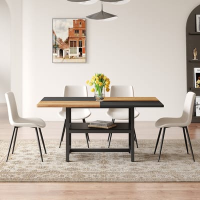 MODFU - Eettafelset - Met Opbergplank En 4 Stoelen - Modern - Voor Eetkamer - MDF, Metaal En PU - Bruin, Zwart En Wit - 160 Cm