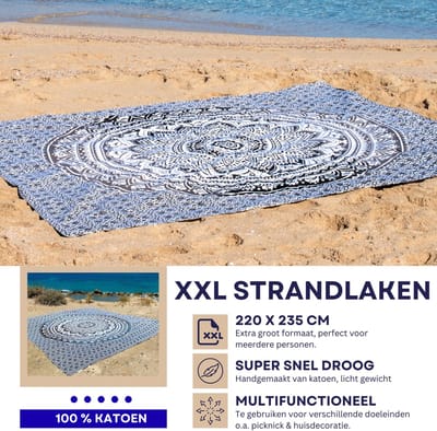 Bohemida Roundie XXL Groot Vakantie Strandlaken 220x235cm - XXL Zwart Ombre Mandala Strandkleed - 100 % Duurzaam Katoen