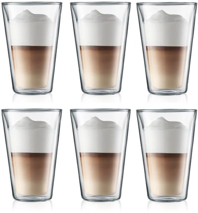 Bodum Dubbelwandige Latte Macchiato Glazen Canteen – 400 ml – 6 Stuks – Grote Glazen van Hittebestendig Borosilicaatglas – Met Gepatenteerd Ventiel voor Veilig Drukbeheer – Dubbelwandig, Vaatwasser- en Magnetronbestendig – Voor Warme & Koude Dranken