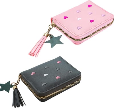 Kleine portemonnee voor dames, 2 stuks, klein, leer, kleine portemonnee, 11 x 8,5 cm, kinderportemonnee met ritssluiting en borduurhanger, voor kinderen, meisjes, verjaardagscadeau, zwart roze, blauw