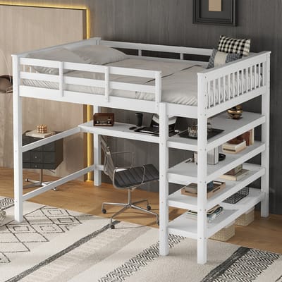 DESMIU Hoogslaper 140x200 cm – Met Bureau en Opbergvakken – Ruimtebesparend Ontwerp – Zonder Matras – Voor Kinderkamer of Studio – Grenen en MDF – Wit