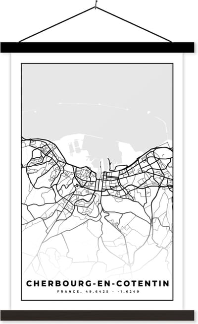 Posterhanger incl. Poster 40x60 cm - Schoolplaat - Plattegrond - Cherbourg-en-Cotentin - Kaart - Frankrijk - Stadskaart - Zwart wit - Textielposter - Zwarte latten - Stadskaart