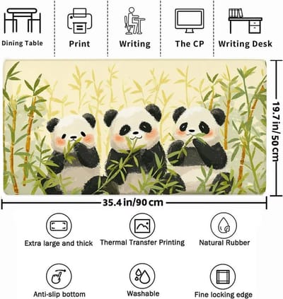 XXL Muismat - Bureauonderlegger - Gaming en Kantoor - Waterdicht en Antislip - 90x50 cm - Panda Design