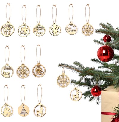UNUS® Kersthangers rond cadeau engel sneeuwpop 12 stuks set 7 cm houtlook