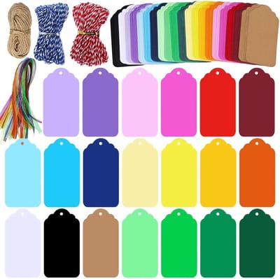 200 Stuks Kraft Papieren Cadeautags met Gat in 20 Kleuren, Rectangulaire Hangtags voor Kerst, Bruiloft en Feestjes met 4 Rollen Touw