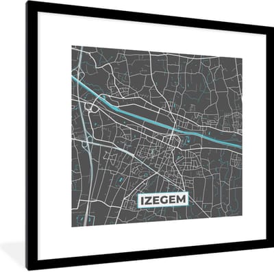 Fotolijst incl. Poster - Plattegrond – Izegem – Blauw – Stadskaart - Kaart - 40x40 cm - Posterlijst