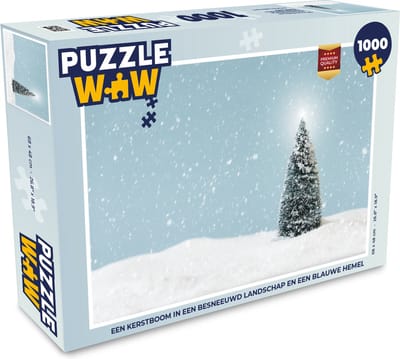 Puzzel Een kerstboom in een besneeuwd landschap en een blauwe hemel - Legpuzzel - Puzzel 1000 stukjes volwassenen - Kerst - Cadeau - Kerstcadeau voor mannen, vrouwen en kinderen