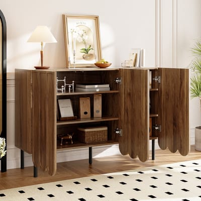 MODENUIT Dressoir - Golfdeuren En Druksysteem - Voor Woonkamer En Hal - MDF Walnootkleur - 120x35x80 Cm
