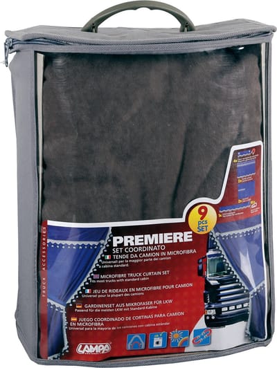 Stoelhoezen en gordijnen set ”Premiere” – grijs – microvezel – 9 delig -2x zijgordijnen 107×150 cm 2x centrale gordijnen 268×94 cm – 1x zonnescherm gordijn 248×15 cm – 4x magnetische band – 90 haken