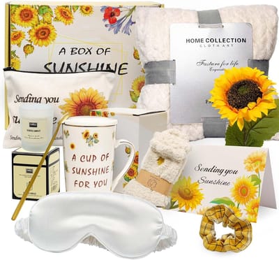 Geschenkdoos Vrouwen - Zonnebloem Cadeau - Beterschap Wensen - Luxe Flanellen Deken - 29 x 13 cm - Geel