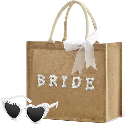 Jute tote bag met bruidstekst en hartvormige zonnebril met lint - compleet set voor vrijgezellinnenfeest en bruidstaart