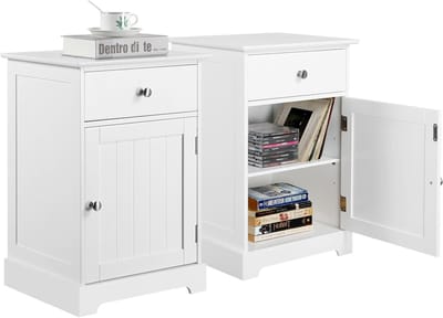 HOMESY Set van 2 nachtkastjes, nachtkastjes, nachtkastje met lade, bijzettafel met verstelbare legplank, salontafel met veel opbergruimte, boxspringbed, slaapkamer, woonkamer, wit
