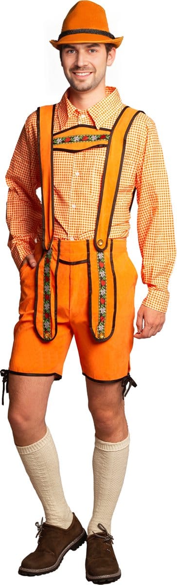 Partychimp Voordelige Korte Oranje Lederhosen Man voor bij EK Voetbal 2024 WK Koningsdag Verkleedkleren Volwassenen Oranje Verkleedkleding Oktoberfest Heren Carnavalskleding Heren - Polyester - Maat L