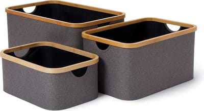 Lumaland rechthoekige opbergdoos met bamboe-frame in set van 3 dozen van 54 x 33 x H 26 cm en 45 x 30 x H 23 cm en 38 x 26 x H 16 cm Buitenkant Grijs/Binnenkant antraciet