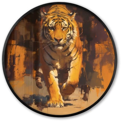 Poster in lijst Rond - Fotolijst 60x60 cm - Posters - Tijger - Geschilderd - Oranje - Penseelstreken - Ronde posterlijst zwart - Decoratie - Wanddecoratie woonkamer - Muurdecoratie slaapkamer
