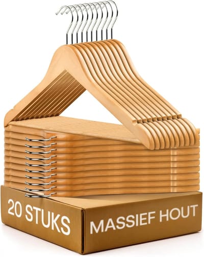Famanu - Set van 20 houten kledinghangers met broekrail en draaibare haak – Natuur