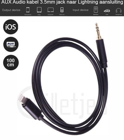 Aux Kabel Auto iPhone - Iphone Aux-kabel auto - iPhone Lightning 3.5 mm - Jack audio aansluiting - (Zwart)