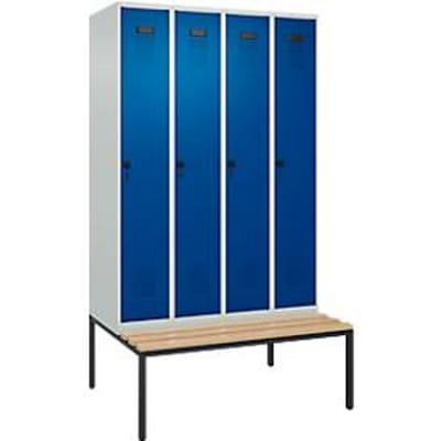 C+P Evolo Plus garderobekast, 4 vakken, 300 mm vakbreedte, met bank eronder, B 1200 x D 815 x H 2120 mm, draaigrendel, lichtgrijs/gentiaanblauw
