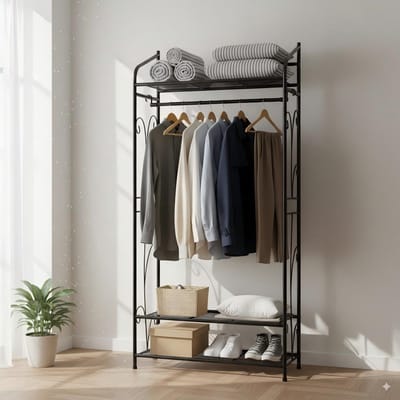 unho Kledingrek met Planken - Metalen Kledinghangrek - Kledingrek - Zwarte Open Garderobekast - Kapstok voor Slaapkamer met Schoenopbergruimte - 78 x 36 x 160cm