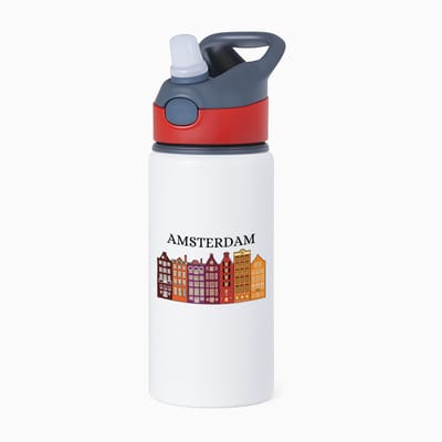 Hacebo® - Amsterdam waterfles met rietje rood - Amsterdam - Amsterdammers - de echte Amsterdam liefhebbers - Rijtjeshuizen - water fles - 650ML
