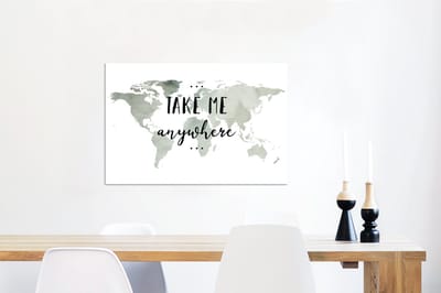 Aluminium schilderij 90x60 cm - Wanddecoratie metaal - Wereldkaart - Quote - Take Me Anywhere - Metalen muurdecoratie woonkamer - Decoratie industrieel - Foto op dibond - Industriële accessoires slaapkamer