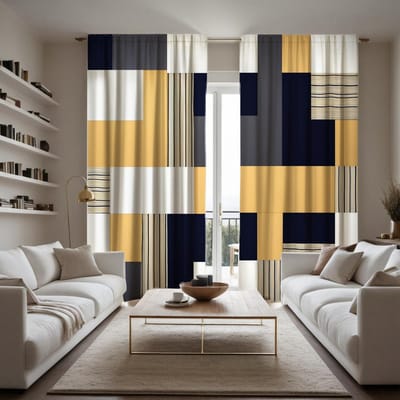 2 Stuks HD Digitaal Geel Kleurblokkerend Geometrisch Gordijnen Huisdecoratiestijl Decoreren Woonkamer Slaapkamer Ringgordijn W52H63inchW132H160cm black