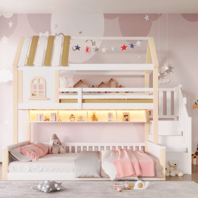 VVBV Huisbed Stapelbed 90x200 cm + 140x200 cm - LED-Verlichting, Trap/Ladder, Huisdesign - Wit/Naturel - Zonder Matras