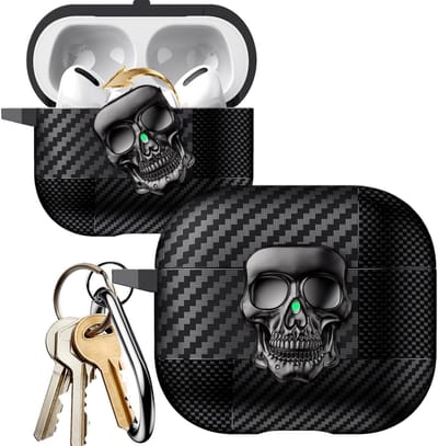 Coole 3D Metalen Rotatable Skull Lock Hoes voor AirPods Pro 3 - Schokbestendige Carbon Fiber Cover met Sleutelhanger, Perfect Cadeau voor Mannen en Vrouwen