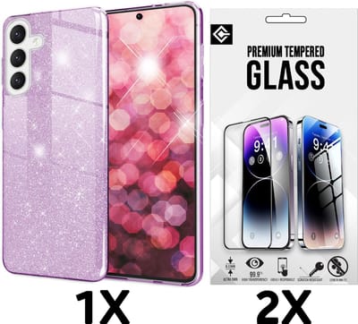 Casemania Hoesje + Glas Geschikt voor Samsung Galaxy A26 - Paars - Glitter Back Cover - 2x Glazen Screenprotector