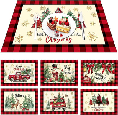 6 stuks kersttafelplacemats, plastic wasbare rode en groene winter kerst vakantie placemats decoratie, 43 x 30 cm (17x12 inch) (kerst)