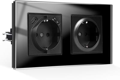 Dubbel stopcontact met USB-A en USB-C, 2,1 A totaal, inbouw met klauwen, Schuko met glazen front in zwart