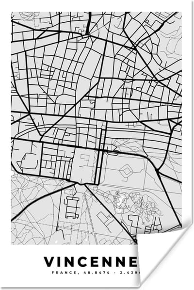 Poster Kaart – Stadskaart – Frankrijk - Vincennes - Plattegrond - 120x180 cm XXL