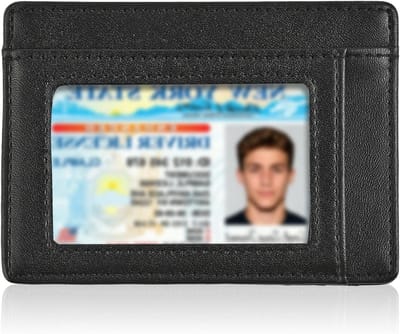 ID Kaart Houder met Slimme RFID Bescherming, Dunne Minimalistische Portemonnee met 7 Kaartsleuven en ID Venster, Zwart, 11 x 8 x 0.5 cm, Ideaal voor Creditcards en Pasjes