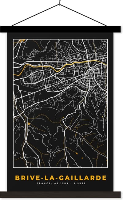 Posterhanger incl. Poster 40x60 cm - Schoolplaat - Plattegrond - Brive-la-Gaillarde - Kaart - Frankrijk - Stadskaart - Textielposter - Zwarte latten - Stadskaart