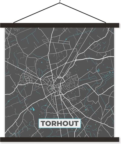 Posterhanger incl. Poster 60x60 cm - Schoolplaat - Plattegrond – Torhout – Blauw – Stadskaart - Kaart - België - Textielposter - Zwarte latten - Stadskaart